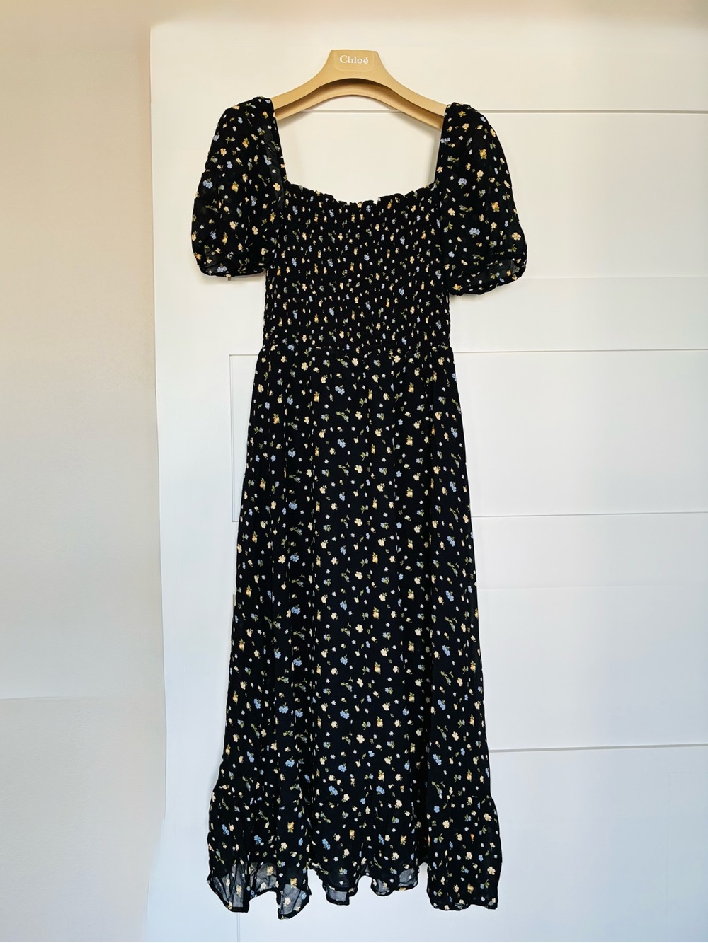 Reformation S Black Floral Print Smocked Square Neck Midi Dress
